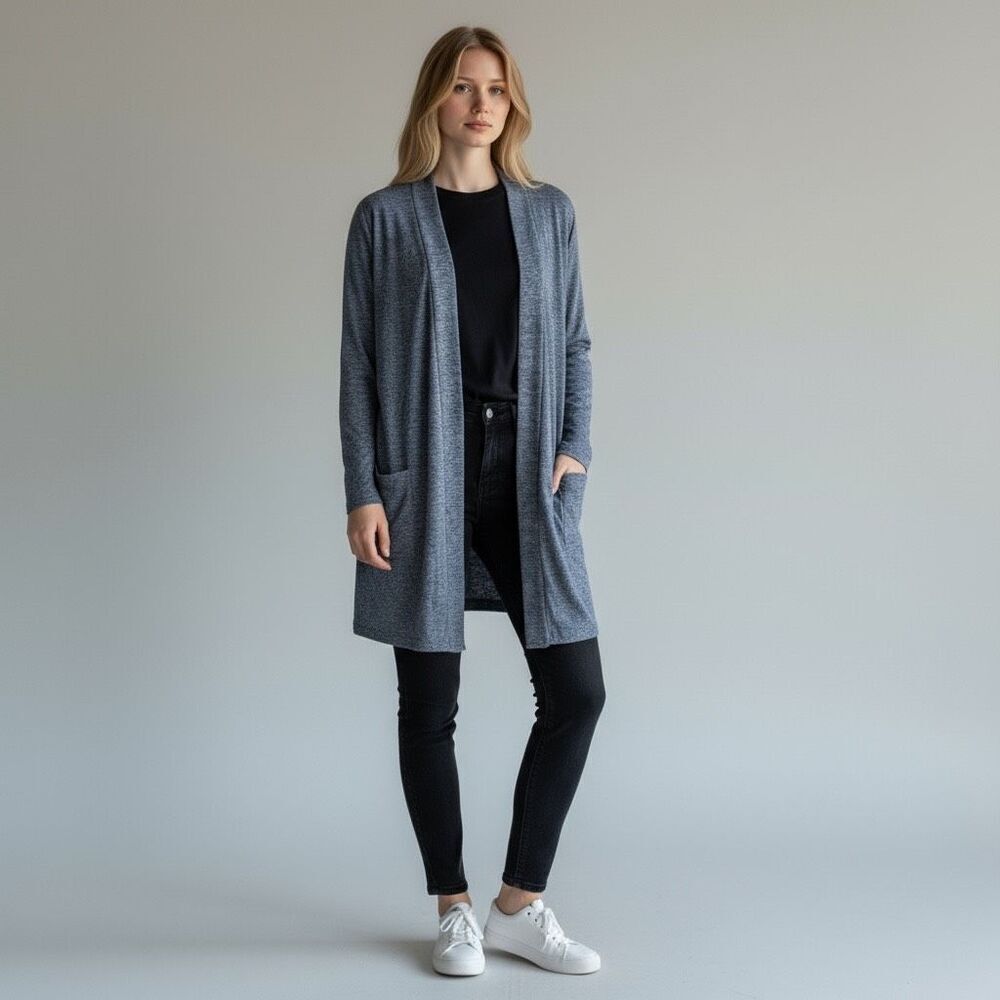 42POPS NWOT Blue & White Open Cardigan Long Sleeve with pockets stretchy size L